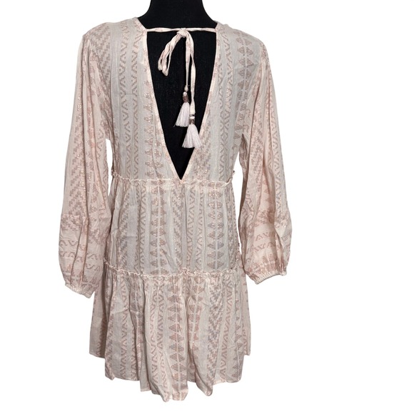 Blush Shimmery Boho Babydoll Mini Dress Small Festival Fairy Coquette Peasant - Picture 3 of 13